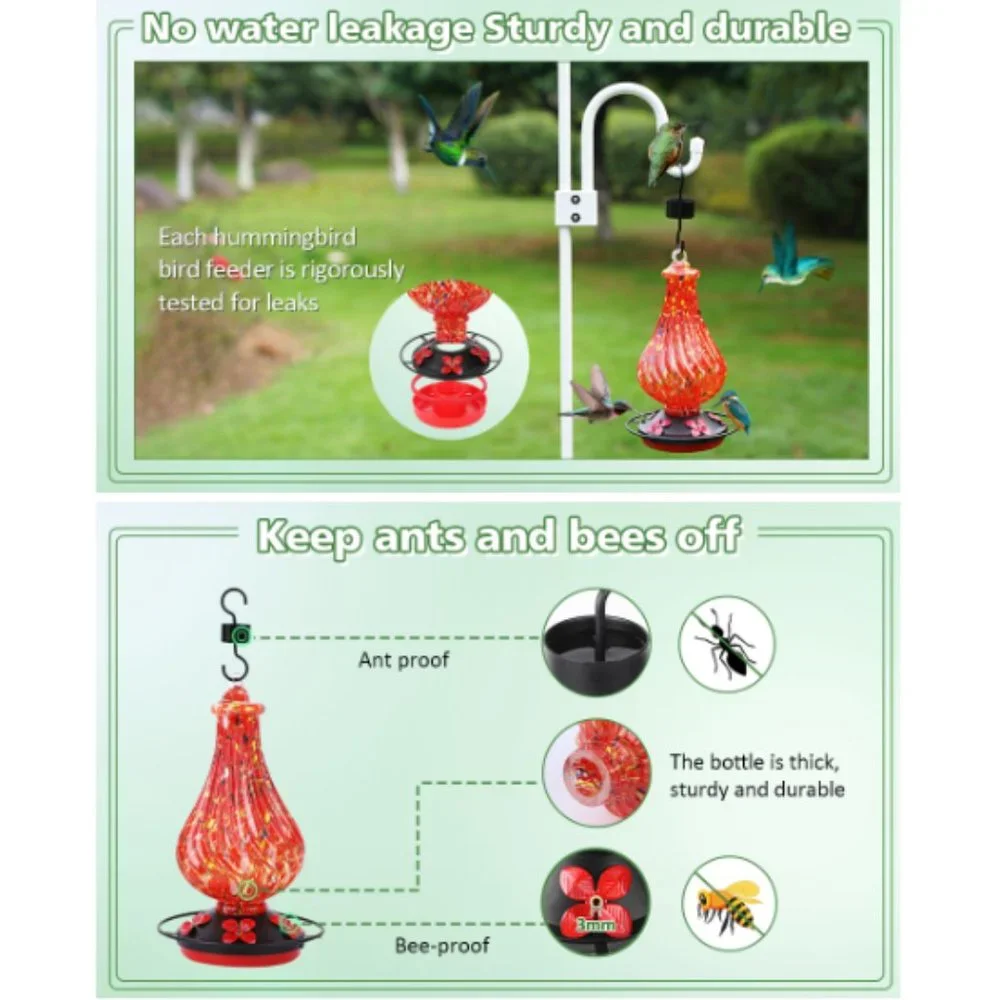 28 oz - Hand Blown Glass Hummingbird Feeder for Outdoors